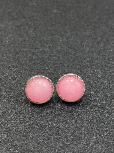 Pink colored jade and stainless steel stud earrings
