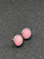 Pink colored jade and stainless steel stud earrings
