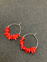 Hoop earrings with red coral/stainless steel
